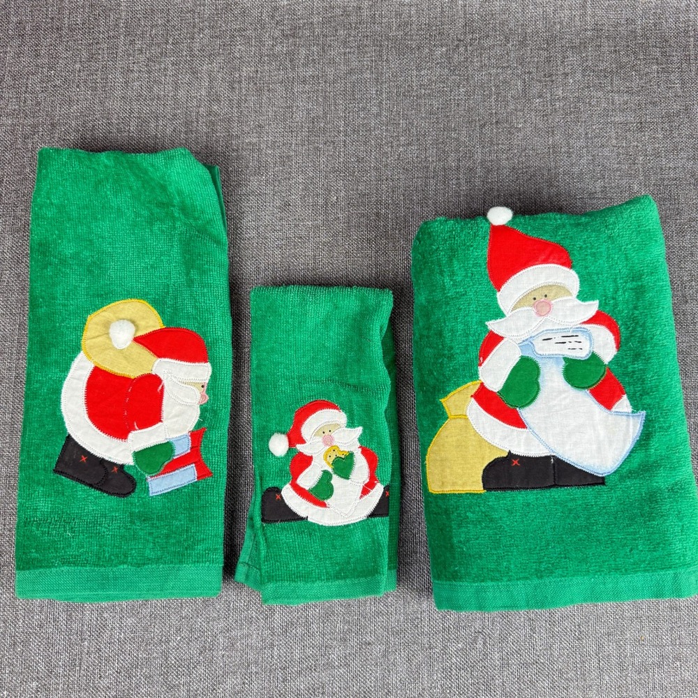Cecil Saydah Christmas Towel Set 3pc Green Santa Applique Ramie Cotton Excellent